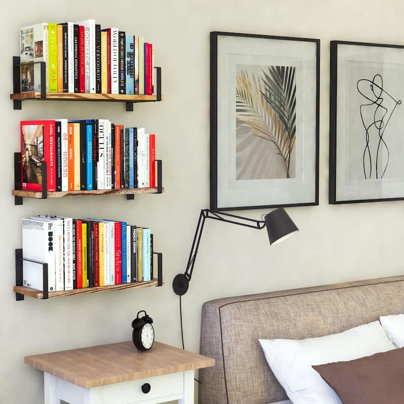 Wallniture Toledo 17" Wood Shelves for Living Room Décor, Burned Finish, Set of 3