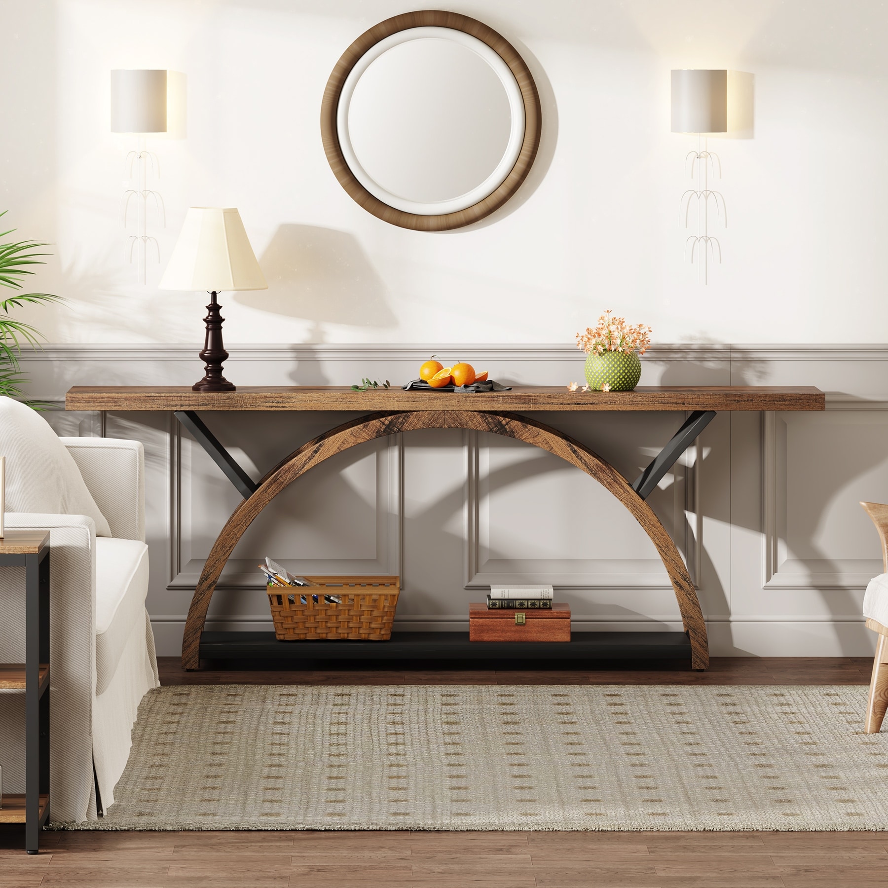 2-Tier Narrow Long Console Sofa Table with Semi-Circular Frame for