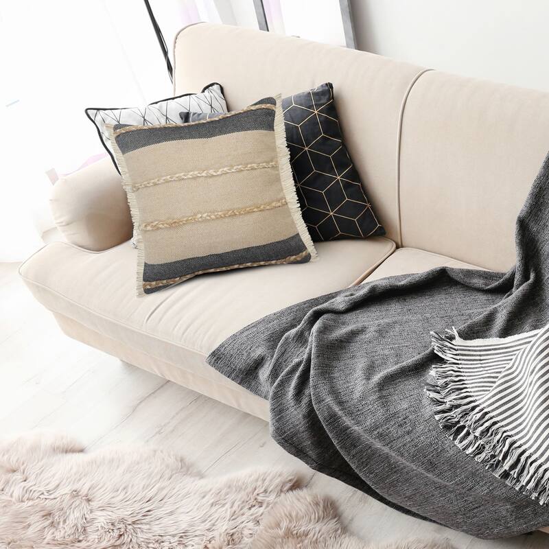 20" Black and Taupe Striped Square Throw Pillow with Jute Braiding