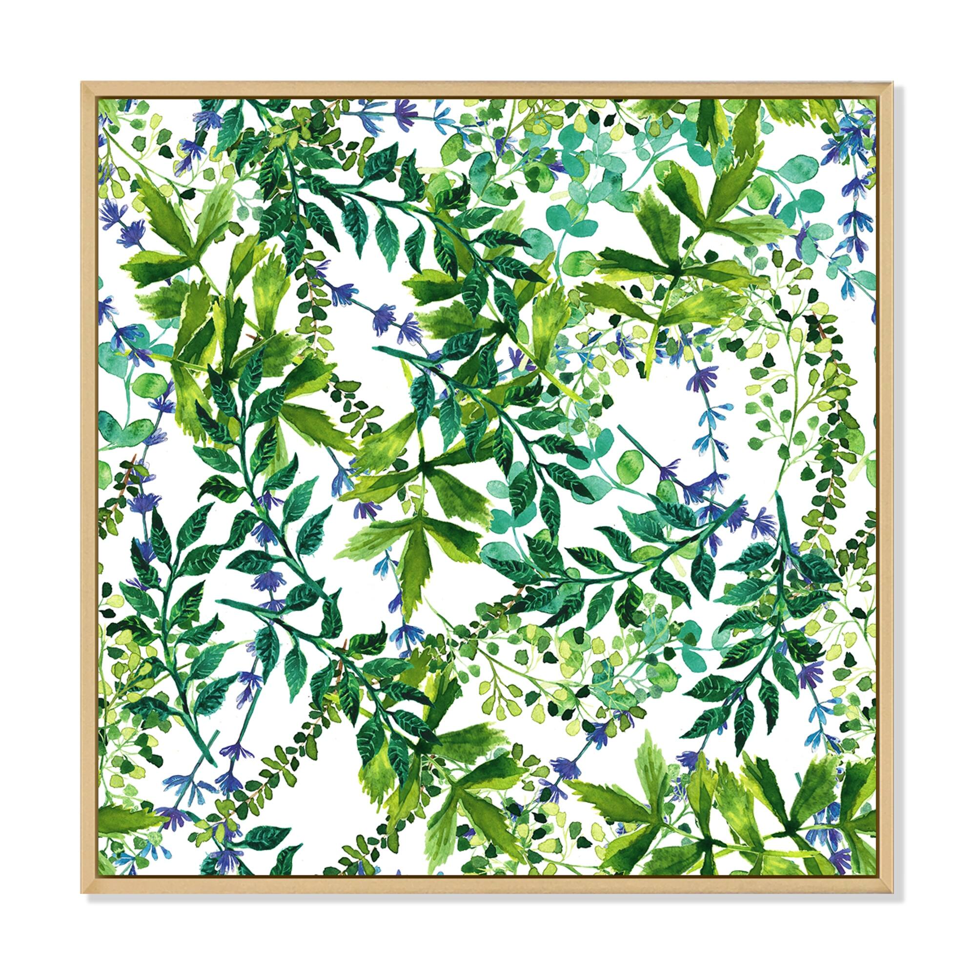 Designart "Green Herbs And Leaves On White" Patterned Framed Canvas