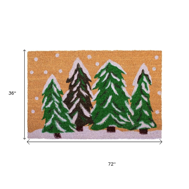 HomeRoots 36" X 72" Brown Green And White Christmas Trees Outdoor Coir Door Mat - 36.00' X '72.00