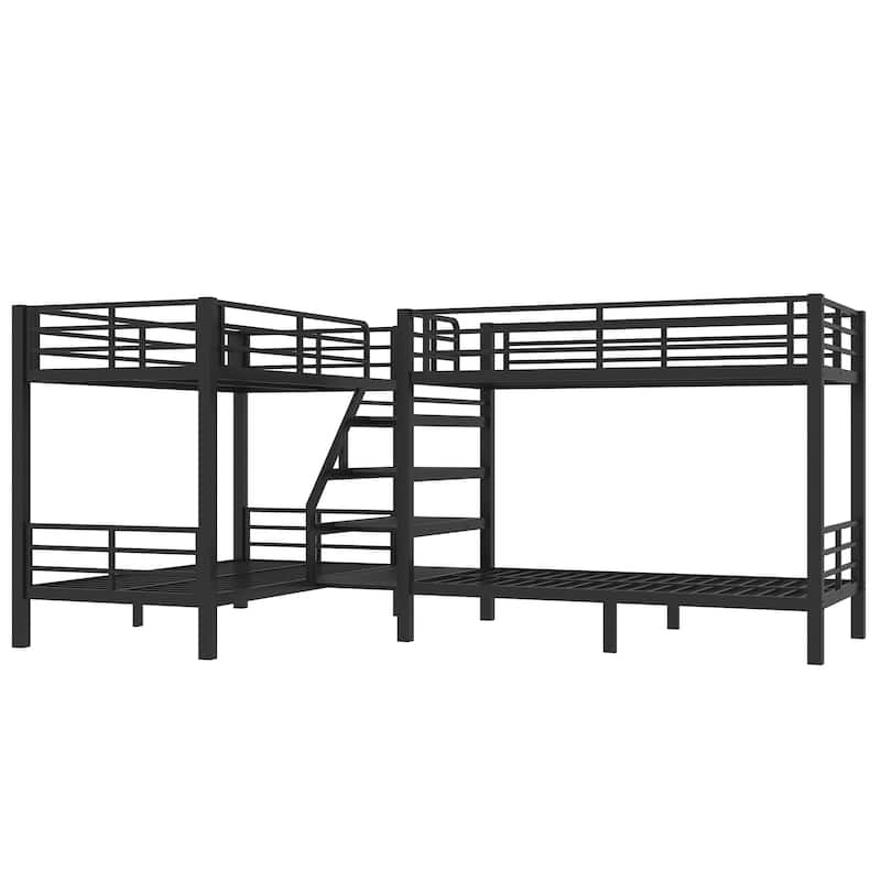 Twin L-Shaped Metal Bunk Bed with Storage Shelves & Safety Guardrail