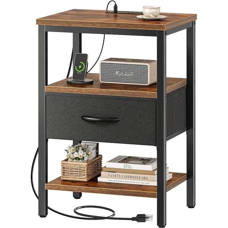 Nightstand Set of 2 Or 1 with Charging Station and USB Ports, Storage End Table with Fabric Drawer, Night Stand for Small Spaces - Black brown - 1 Set