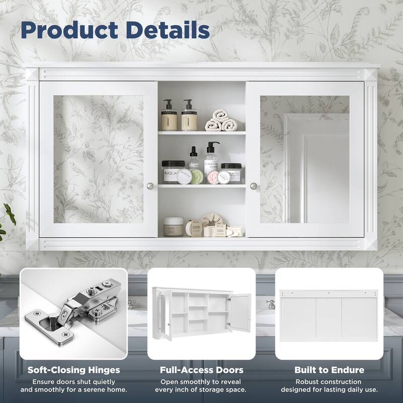 55 Inch Wall Mount Medicine Cabinet with Dual Mirrors, Adjustable Shelves and Soft Close Hinges