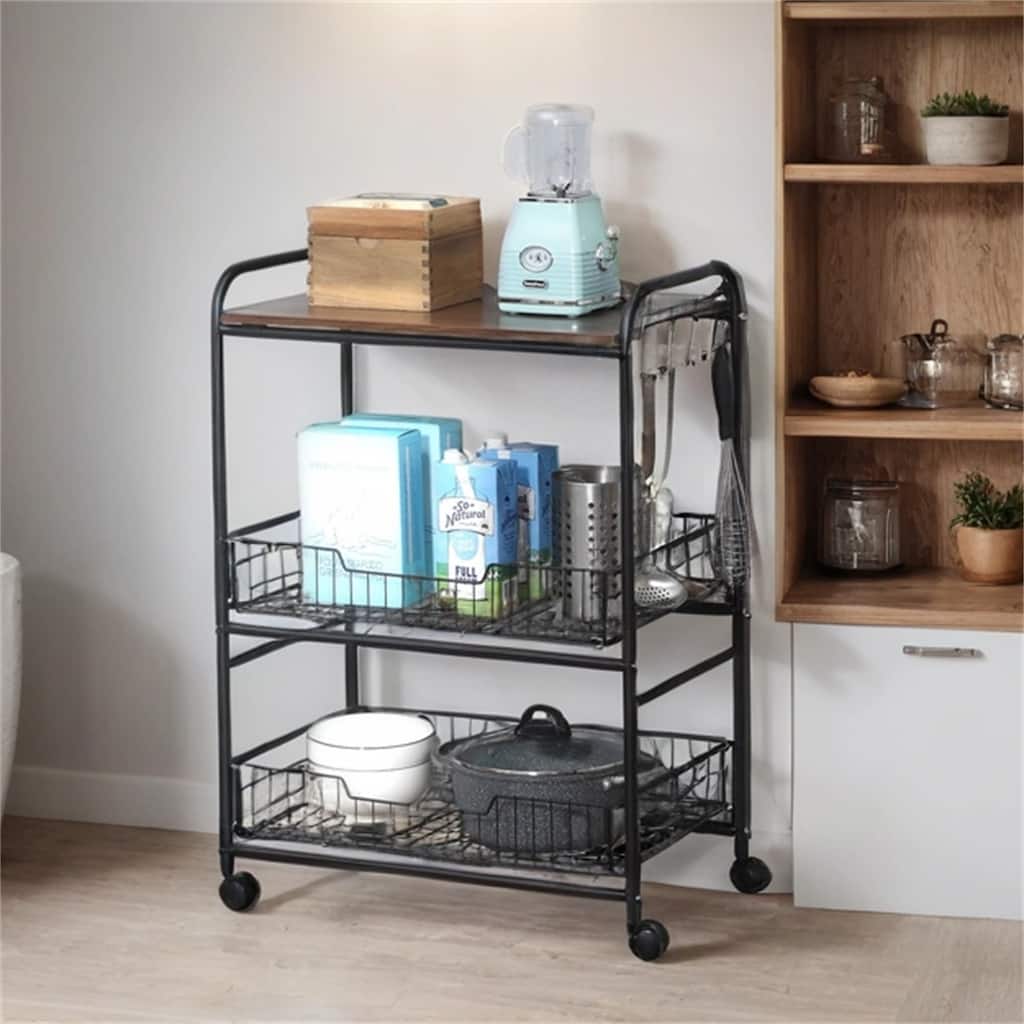 3 Tier Rolling Kitchen Island Cart w/ Sliding Fruit Basket,Side Hooks