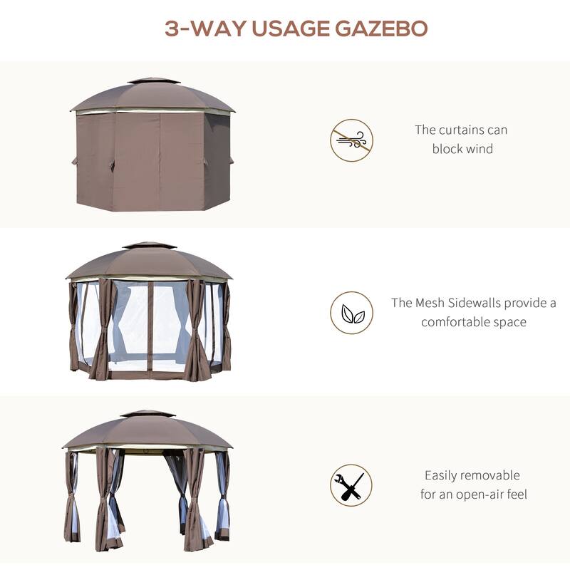 12' Round Outdoor Gazebo with Double Roof, Netting Sidewalls, and Privacy Curtains, Sturdy Steel Frame, Brown
