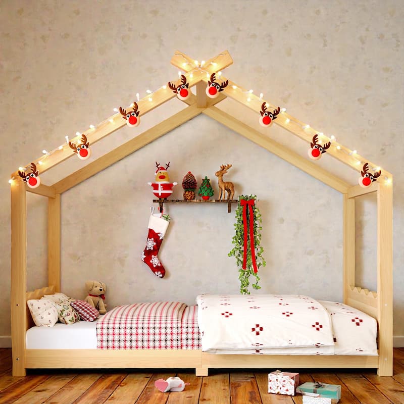 Kids Solid Wood House Floor Bed with Support Slats, Montessori Low Profile Bed, No Box Spring Needed - Natural - Twin