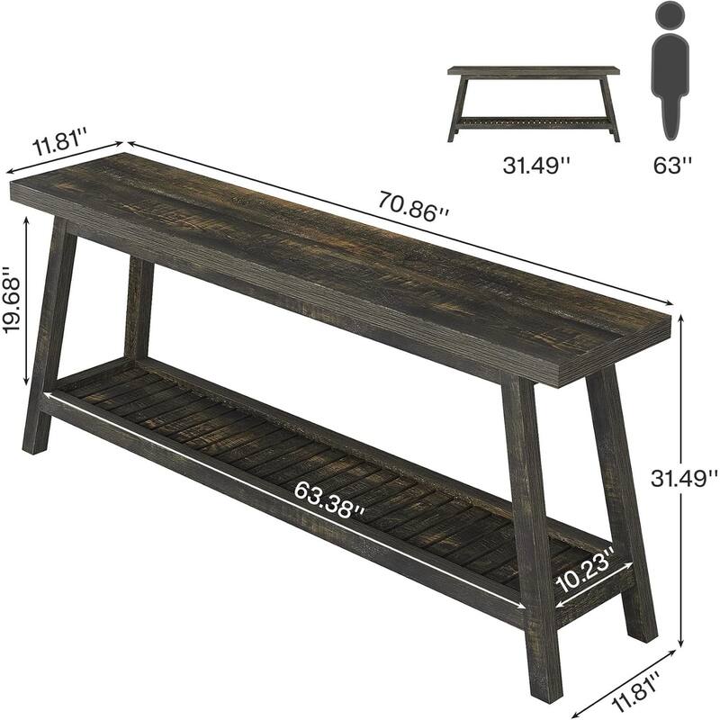 Grey-Natural Engineered Wood 2-Tier Console Table with Farmhouse Style - 70.86” L x 11.81 W x 31.49 H
