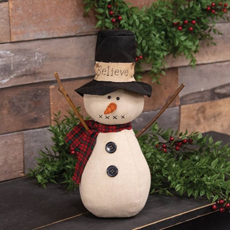 Red Off-White Black Fabric Snowman Doll with Top Hat, Plaid Scarf and Twig Arms - 5 x 5 x 14 in