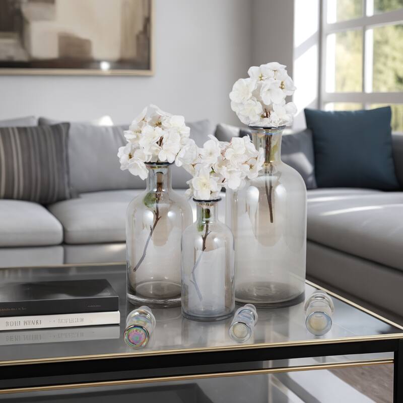 Sagebrook Home Callum Gray Glass Bottles, Grey, Cylinder, 16"H, Clear, 13/14/16", Set Of 3 - Clear Grey - 6" x 6" x 16"