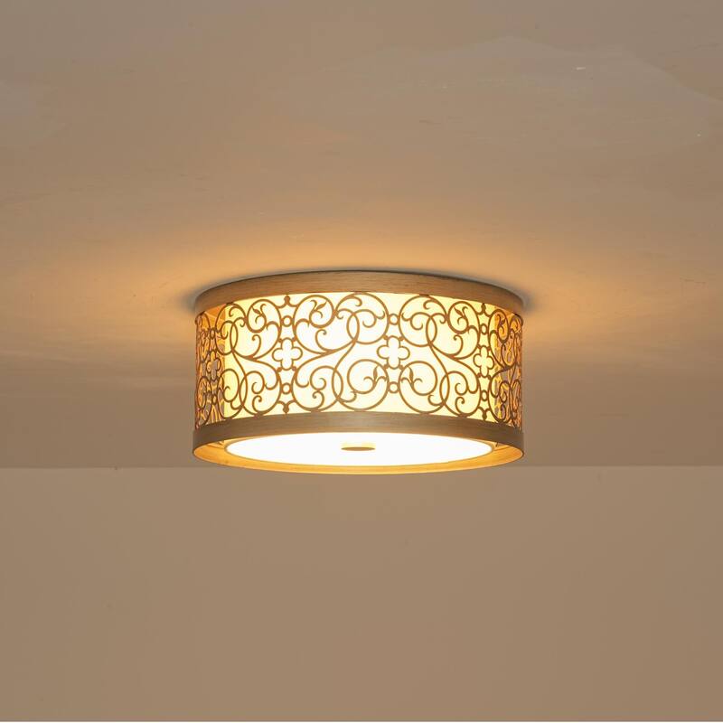 2-Light Mid-Century Modern Unqiue Handcrafted Sunset Gold Flush Mount Light with White Fabric Shade for Living Room & Bedroom