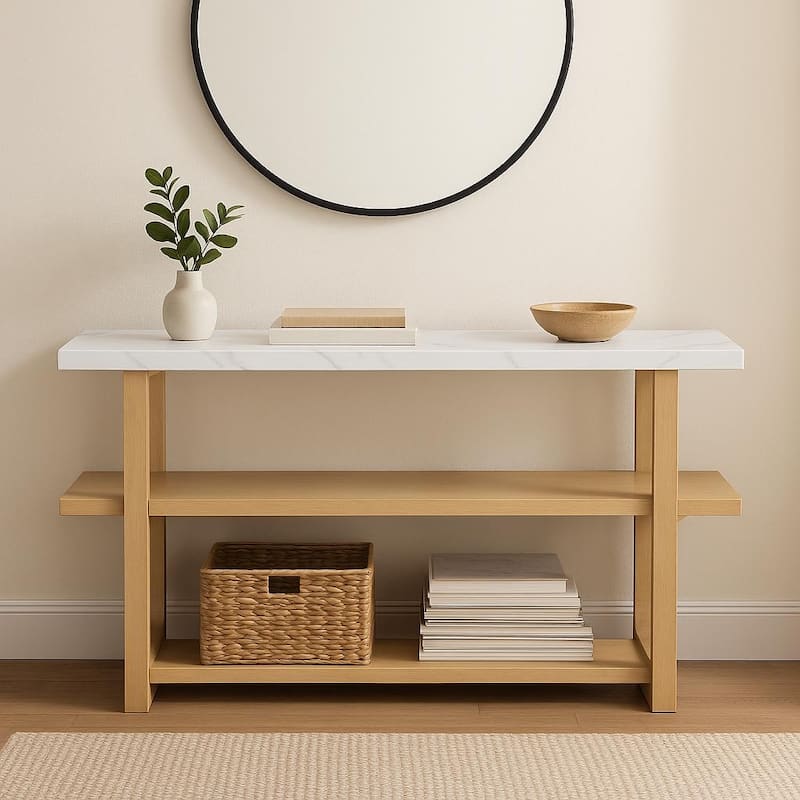 Homy Casa Narrow Console Table Marble-Effect Top and Open Shelf - Natural - MDF