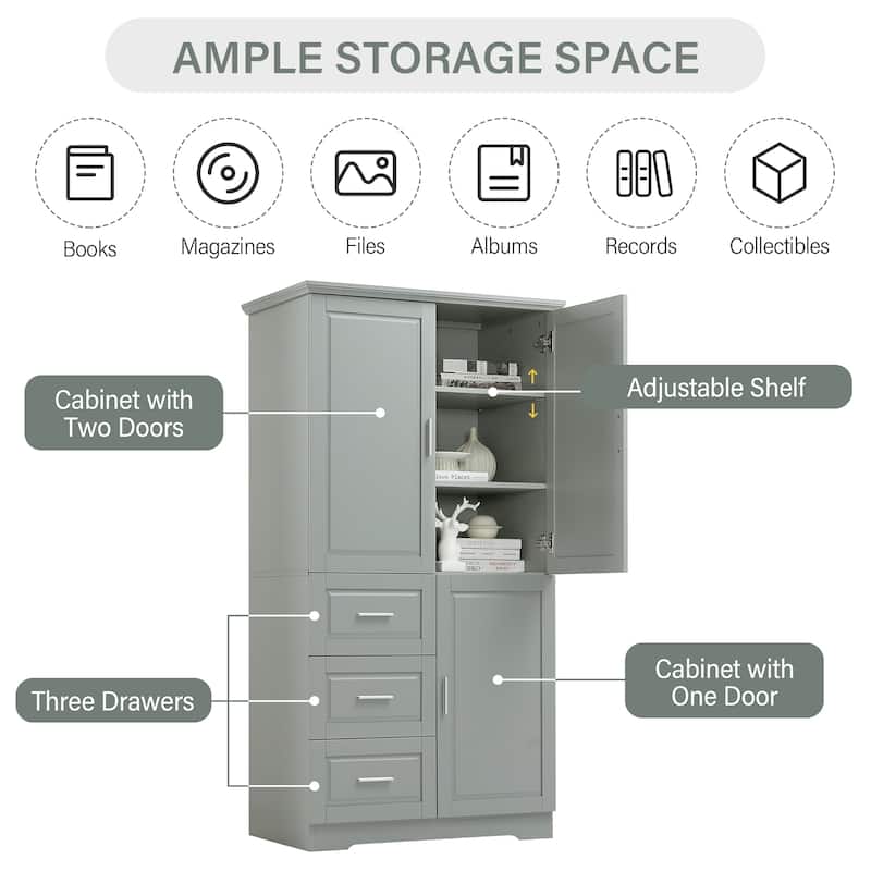 Tall and Wide Storage Cabinet with Doors for Bathroom/Office, 3 Drawers