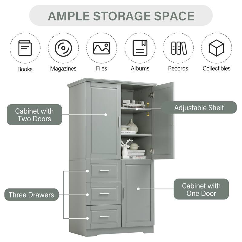 Tall and Wide Storage Cabinet with Doors for Bathroom/Office, Three Drawers, Grey