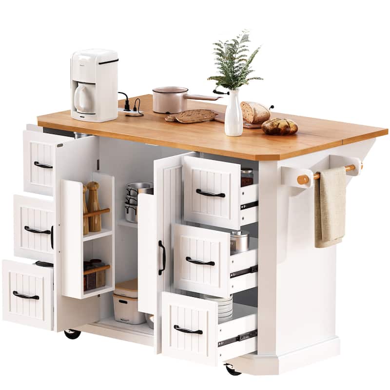 56" Rolling Kitchen Island with Storage Cabinet, Vertical Stripe Mobile Kitchen Cart Island Table with Power Outlet