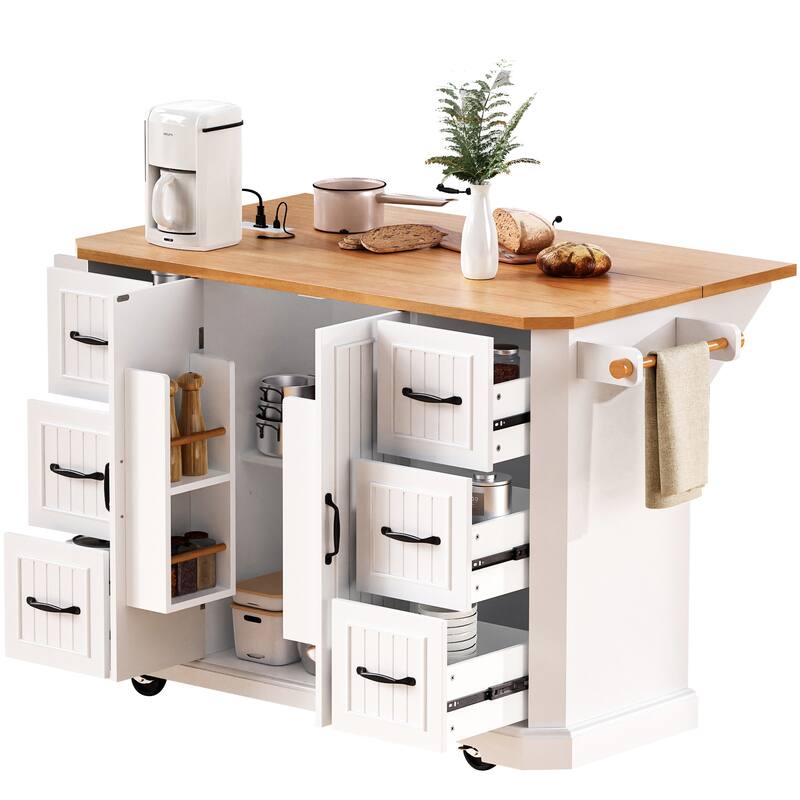 Expandable Drop-Leaf Kitchen Island, Kitchen Cart on 4 Wheels with Power Outlet, Moveable Island Table with 2 Door & 6 Drawers