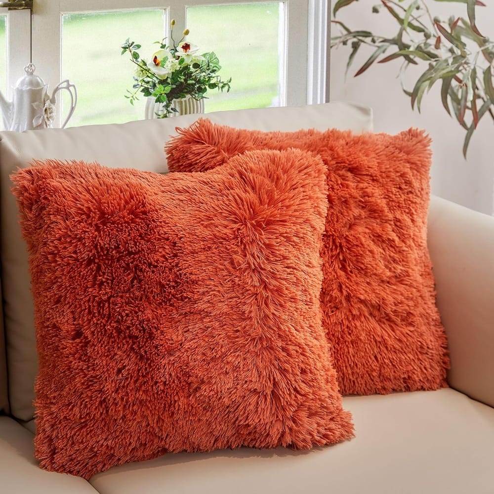 Cheer Collection Super Soft Shaggy Long Hair Throw Pillows Set of 2 Plush Accent Cushions