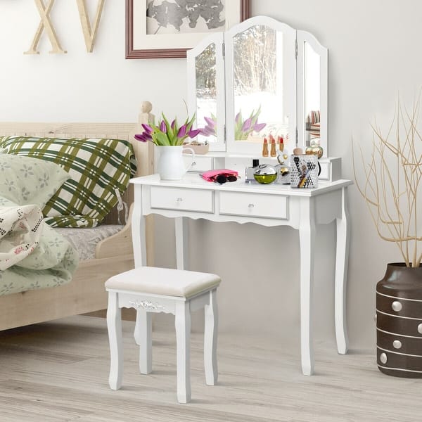 Shop Gymax Bedroom Tri Folding Mirror Vanity Makeup Table Stool Set White Overstock 22971629