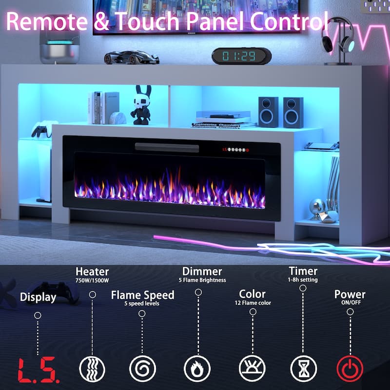 BOSSIN 82" Electric Fireplace TV Stand Entertainment Center, High Gloss with LED Lights, Holds TVs Up to 90 Inches, White