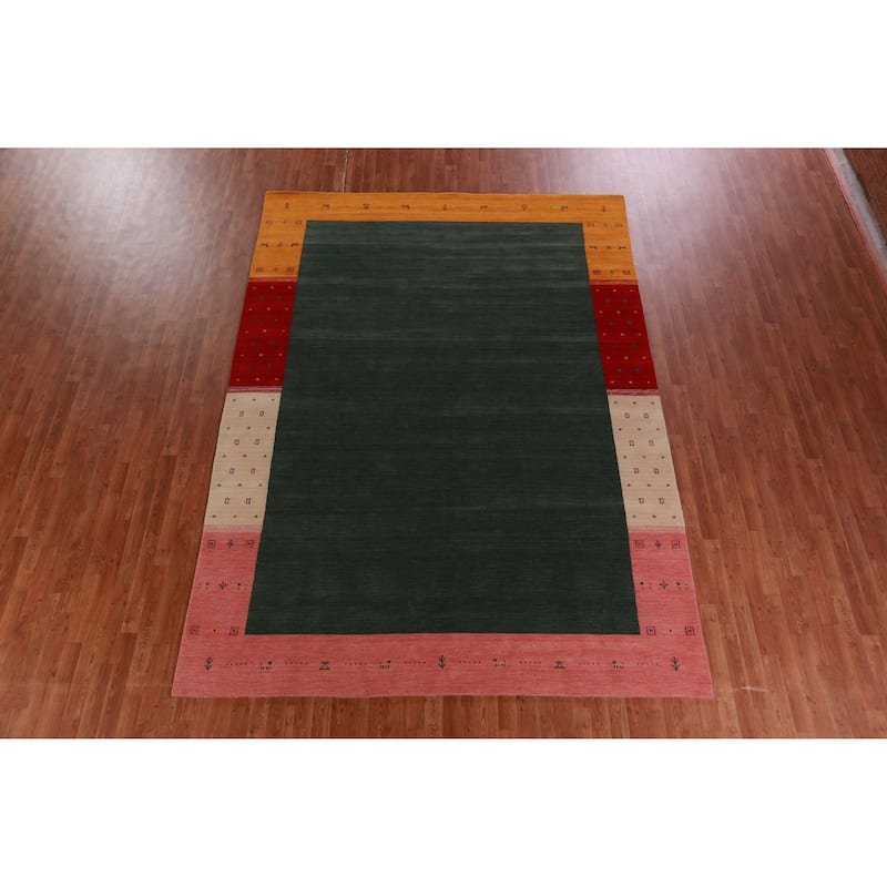 Hand Knotted Oriental 100% Wool Carpet Tribal Bordered Green Gabbeh Area Rug - 11' 5'' X 8' 2''