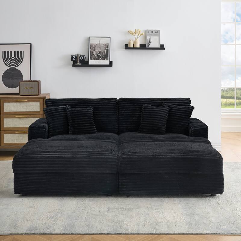 82-inch Black Corduroy Sofa with 4 Pillows and 2 Storage Ottomans