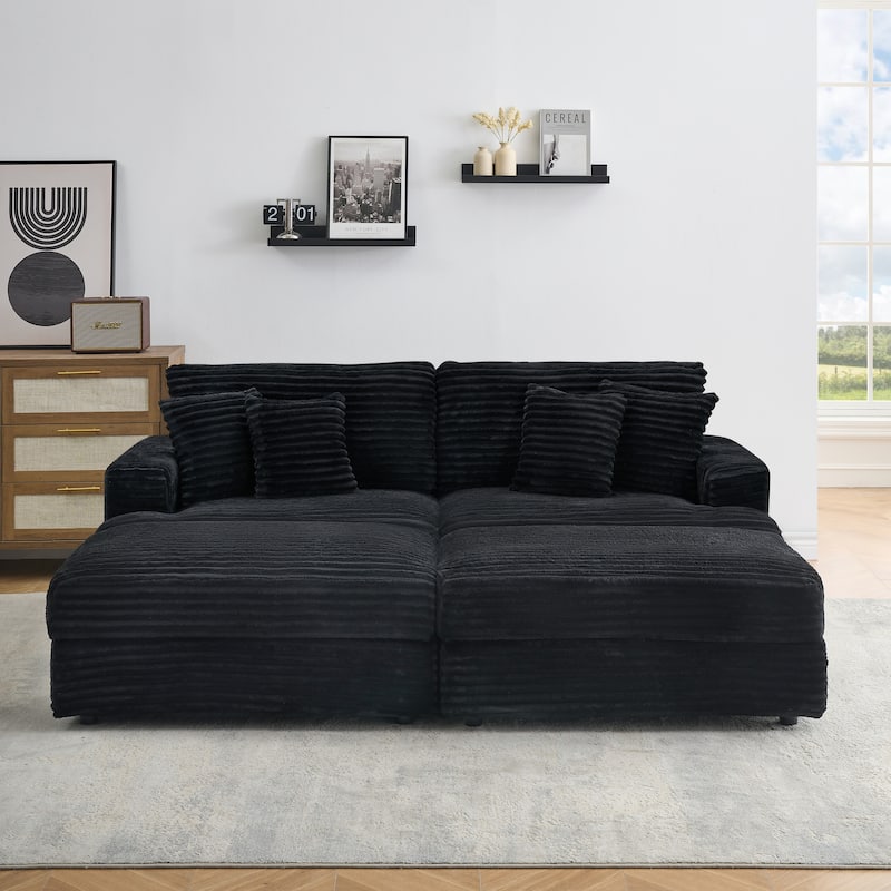 Corduroy Sleeper Sectional Sofa Loveseat Couch with 2 Storage Ottomans