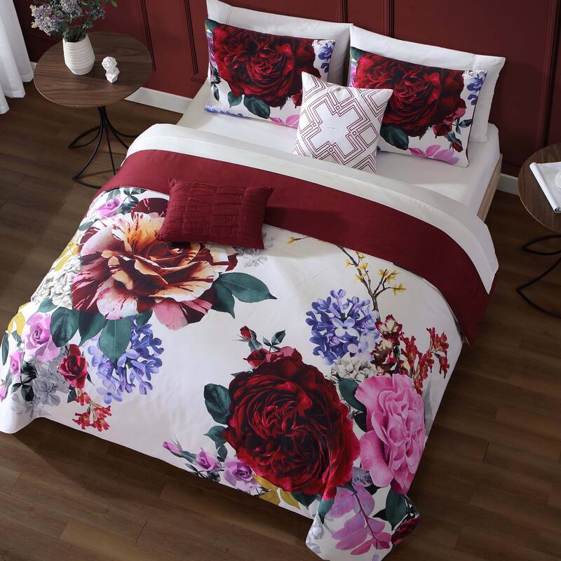 Bebejan Magenta Floral 100% Cotton 5 Piece Reversible Comforter Set