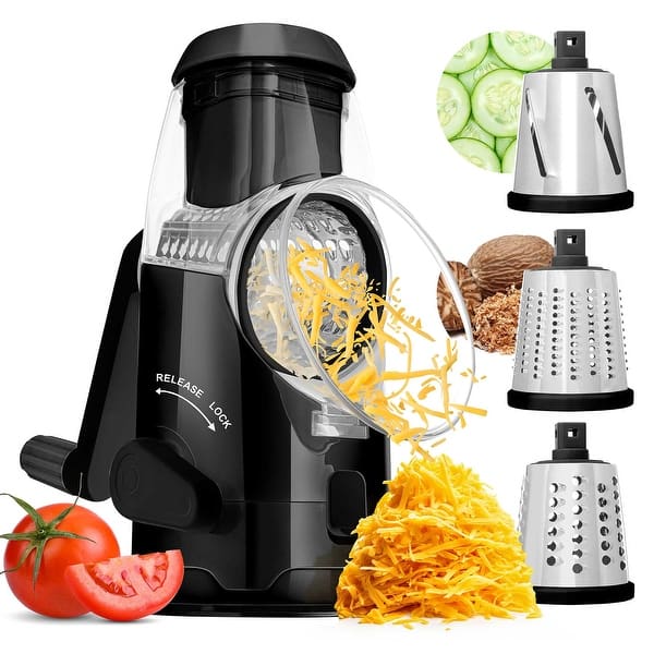slide 2 of 5, Rotary Cheese Grater Slicer in Black with 3 Drum Blades