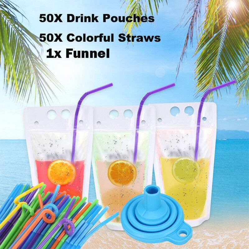 100Pcs Drink Pouches with Straw and Funnel Clear