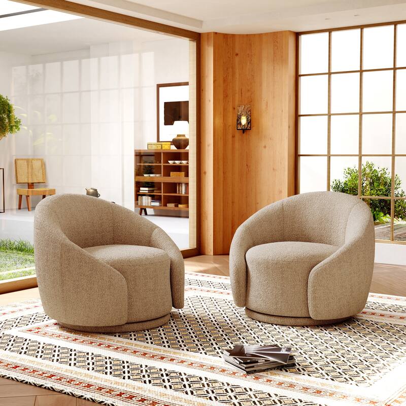 Boucle Barrel Chair Upholstered 360°Swivel Armchair Set of 2 - Boucle - Light Brown-2Set