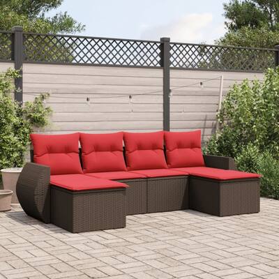 vidaXL 6 Piece Patio Sofa Set with Cushions Brown Poly Rattan - 21.7" x 24.4" x 27.2"