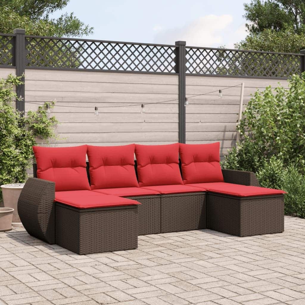 vidaXL 6 Piece Patio Sofa Set with Cushions Brown Poly Rattan - 21.7" x 24.4" x 27.2"