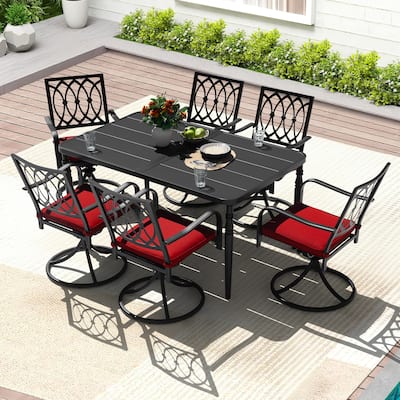 Metal Patio Dining Set with Umbrella Hole, Swivel Chairs with Cushions