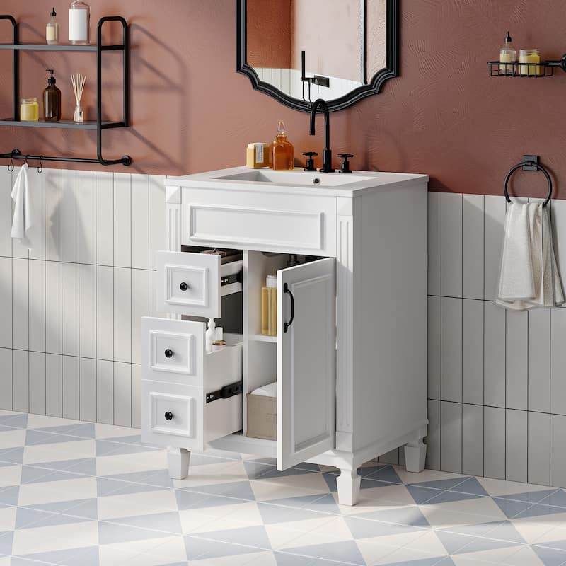 24" Bathroom Vanity with Ceramic Sink - Modern 2-Drawer Storage Cabinet, Adjustable Shelf, Space-Saving Design