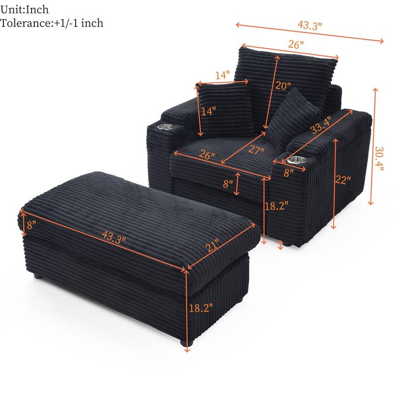 Modern 33.4" Upholstered Accent Chair with Ottoman and Large Seat for Living Room