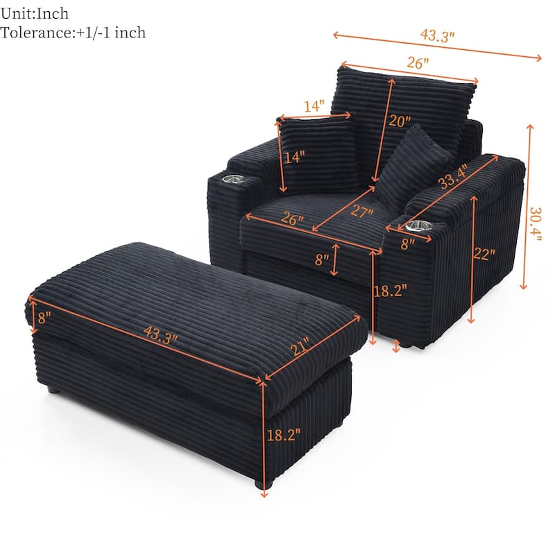 Oversize Accent Chair with Storage Ottoman,Corduroy Fabric Single Sofa,Deep Seat Lounge Armchair with Extra Wide Armrests