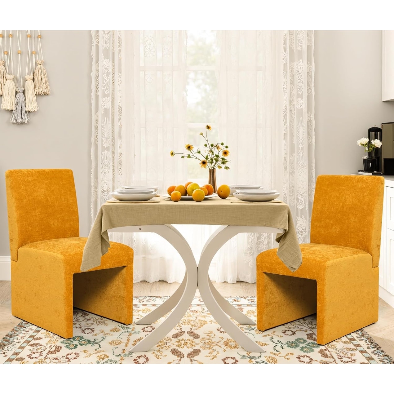 Modern Linen Fabric Dining Chairs Set of 2 with Wooden Frame, Yellow - Comfortable & Versatile for Kitchen & Dining Room
