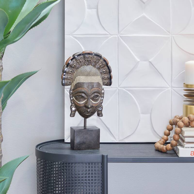 Brown Polystone Primitive African Mask and Standing African Woman Sculpture Wall Decor