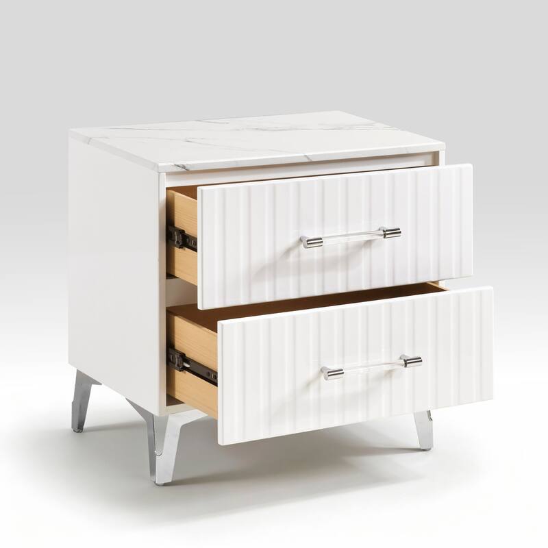 Glam Nightstand - White Faux Marble Top with Chrome Legs & 2 Drawers