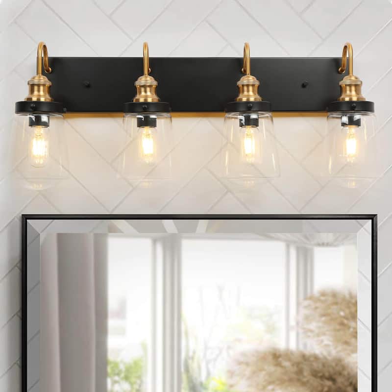Cozia Luxury Modern Farmhouse Bathroom Vanity Light Black Gold Wall Sconce with Clear Glass - 4-light