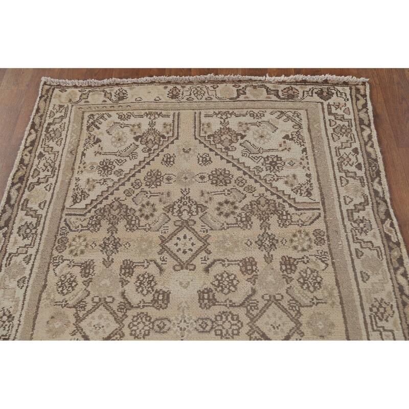 Hamedan Persian Vintage Runner Rug Handmade Geometric Wool Carpet - 3'3" x 9'9"