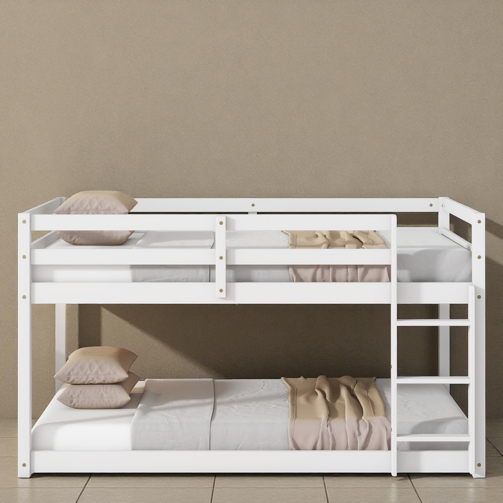 Solid Rubber Wood Twin Over Twin Floor Bunk Bed with Ladder, Low Height Design and Strengthened Slat Support