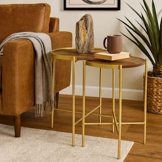 2 Piece Round Nesting Tables, Gold Iron, Modern Mango Wood, Warm Brown