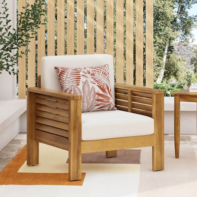 Louver Acacia Wood Outdoor Club Chairs with Cushions by Christopher Knight Home