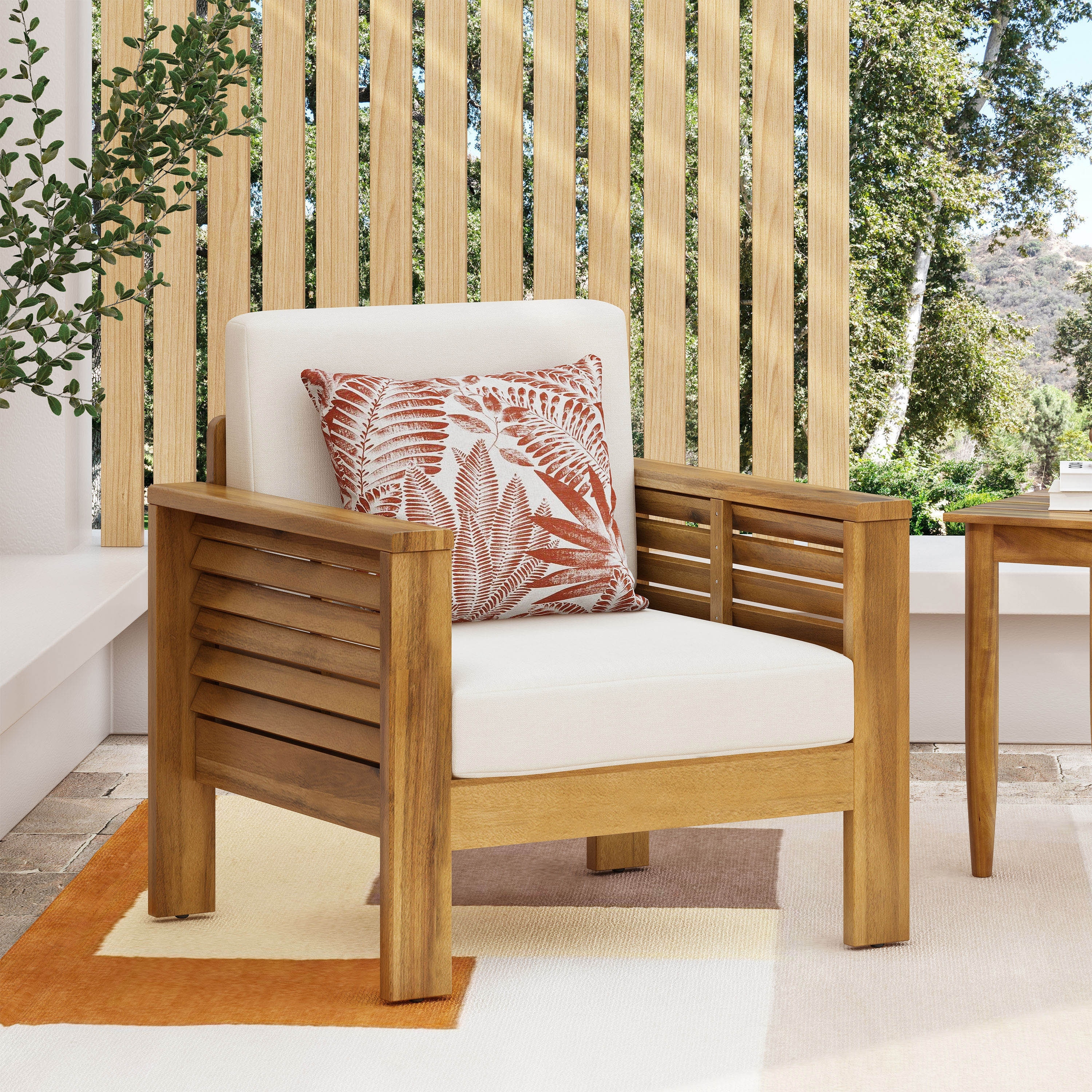 Roomfitters Outdoor Acacia Wood Club Chair with Cushions, Teak Frame and Weather-Resistant Beige Cushions, Ideal for Patio
