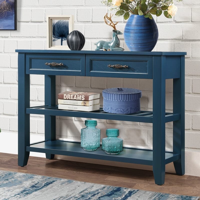 Mid-Century Style 42'' Console Table with 2 Storage Drawers and 2 Tiers Shelves,Navy Blue - Console Table