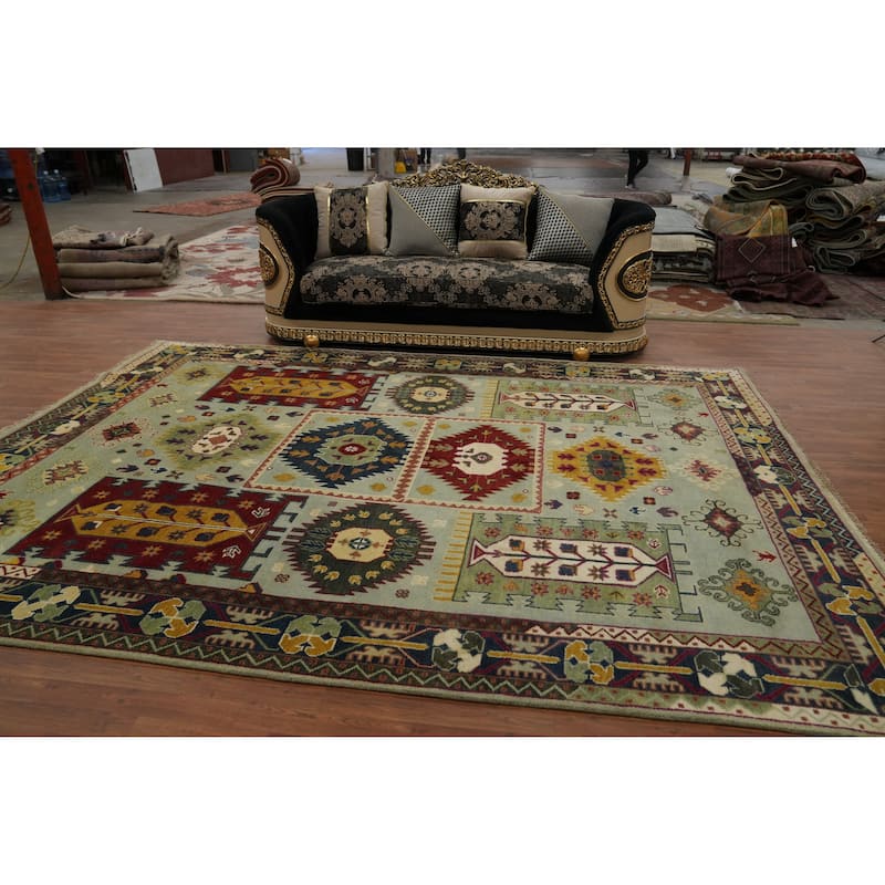 Hand-knotted Traditional Wool Green Geometric Oriental Area Rug - 12' 0'' X 9' 0''