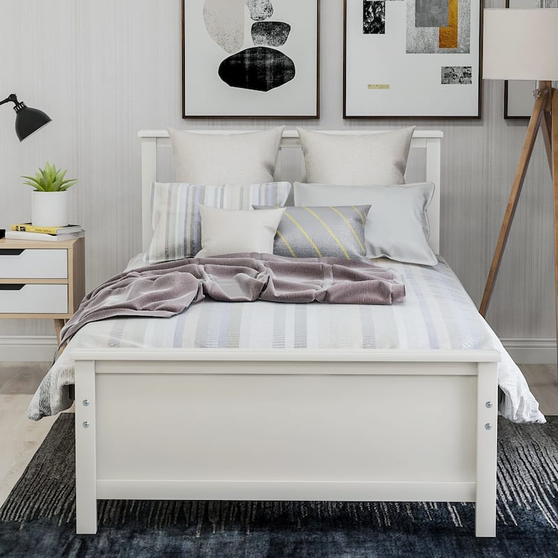 White Twin Size Wood Platform Bed with Headboard and Footboard, Solid Pine Wood Construction, Walnut Finish