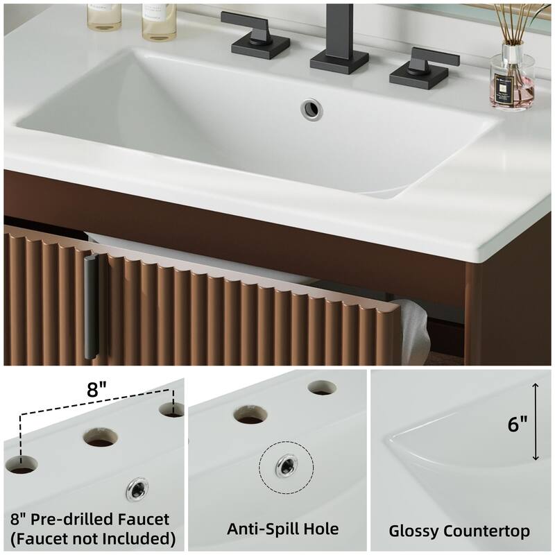 Bathroom Vanity with Ceramic Sink, Freestanding Bathroom Storage Cabinet, Fluted Bathroom Vanity with 2 Full-Extension Drawers
