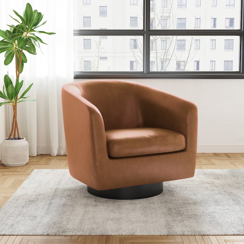 Faux Leather Wide Seat Swivel Barrel Chair - Single - Brown